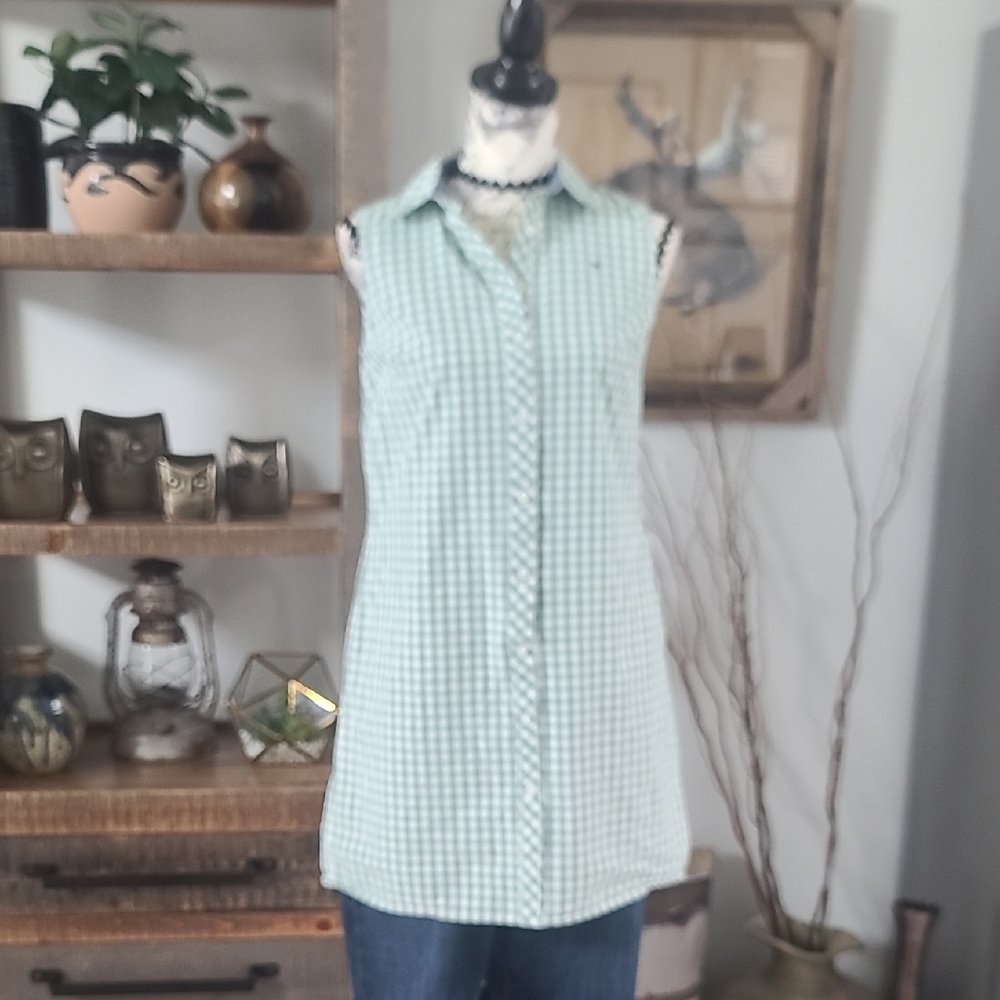 Tommy Hilfiger Sleeveless Mint Gingham Button-Front Women's Top